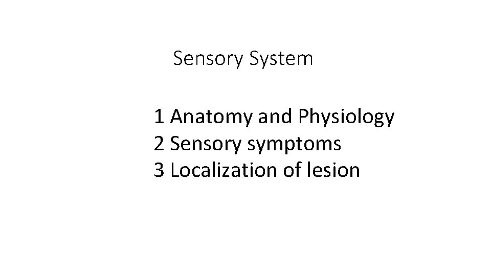 Sensory System 1 Anatomy and Physiology 2 Sensory symptoms 3 Localization of lesion 