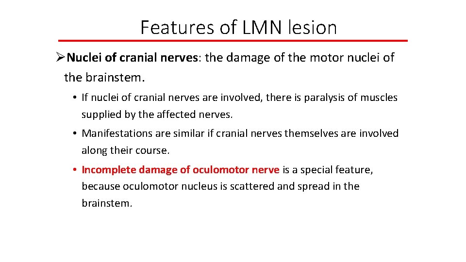 Features of LMN lesion ØNuclei of cranial nerves: the damage of the motor nuclei