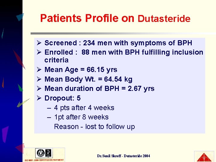 Patients Profile on Dutasteride Ø Screened : 234 men with symptoms of BPH Ø