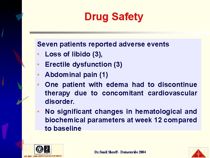 Drug Safety Seven patients reported adverse events • Loss of libido (3), • Erectile