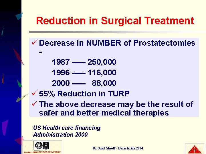 Reduction in Surgical Treatment ü Decrease in NUMBER of Prostatectomies 1987 ----- 250, 000