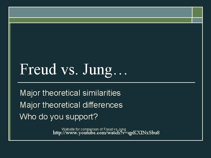 Freud vs. Jung… Major theoretical similarities Major theoretical differences Who do you support? Website Freud vs. Jung… Major theoretical similarities Major theoretical differences Who do you support? Website