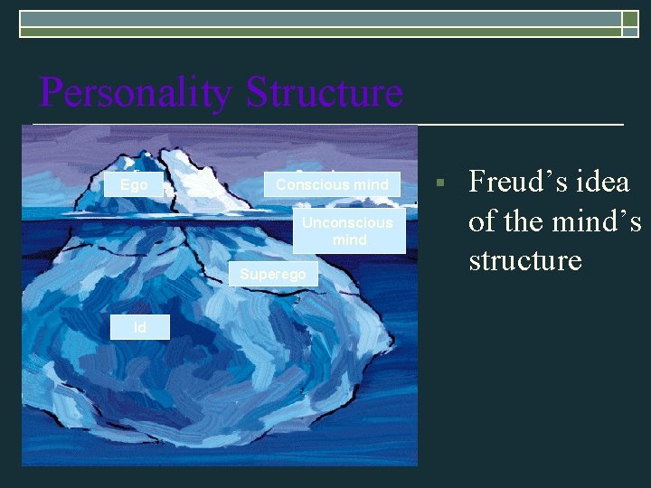 Personality Structure Ego Conscious mind Unconscious mind Superego Id § Freud’s idea of the Personality Structure Ego Conscious mind Unconscious mind Superego Id § Freud’s idea of the