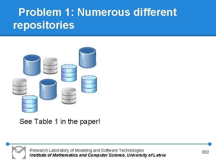 Problem 1: Numerous different repositories See Table 1 in the paper! Research Laboratory of