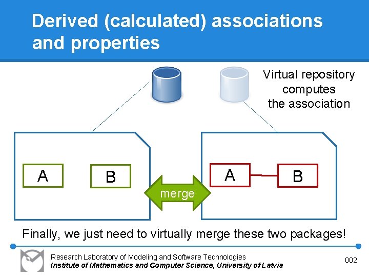 Derived (calculated) associations and properties Virtual repository computes the association A A B B