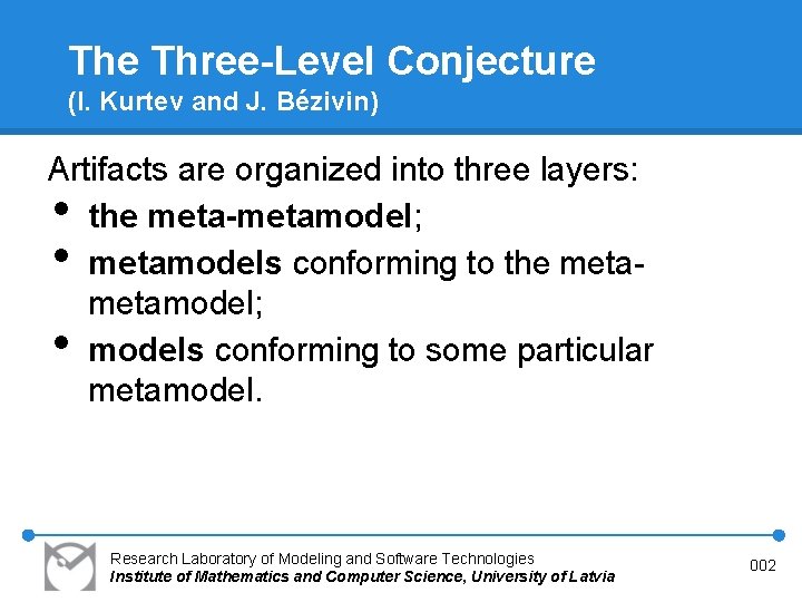 The Three-Level Conjecture (I. Kurtev and J. Bézivin) Artifacts are organized into three layers: