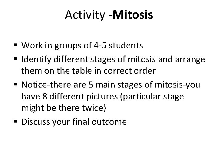Activity -Mitosis § Work in groups of 4 -5 students § Identify different stages