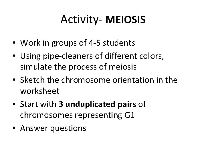 Activity- MEIOSIS • Work in groups of 4 -5 students • Using pipe-cleaners of