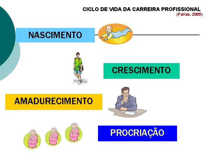 CICLO DE VIDA DA CARREIRA PROFISSIONAL (Farias, 2005) NASCIMENTO CRESCIMENTO AMADURECIMENTO PROCRIAÇÃO 