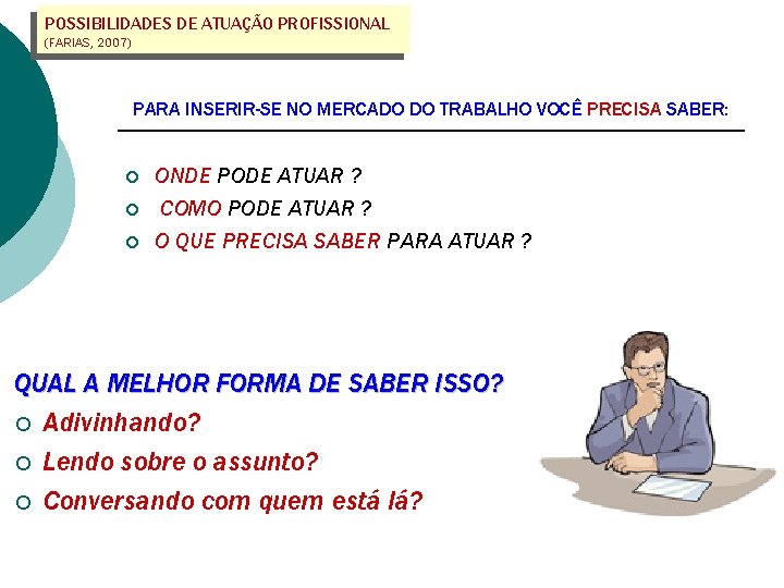 POSSIBILIDADES DE ATUAÇÃO PROFISSIONAL (FARIAS, 2007) PARA INSERIR-SE NO MERCADO DO TRABALHO VOCÊ PRECISA