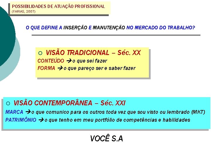 POSSIBILIDADES DE ATUAÇÃO PROFISSIONAL (FARIAS, 2007) O QUE DEFINE A INSERÇÃO E MANUTENÇÃO NO