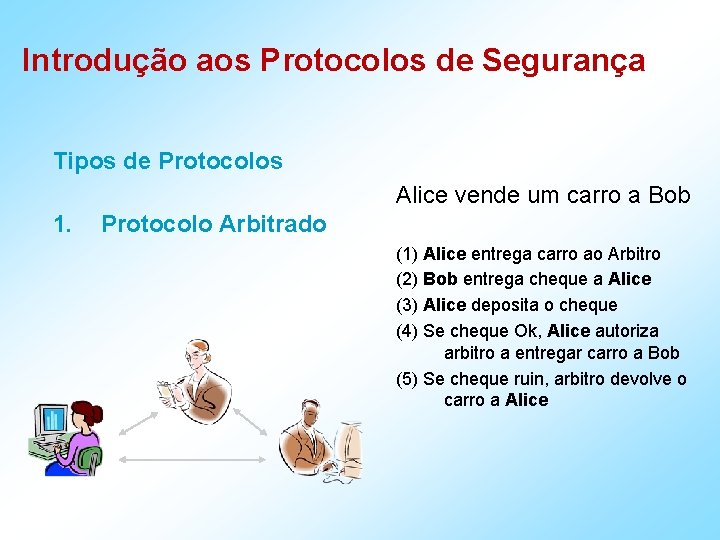 Introdução aos Protocolos de Segurança Tipos de Protocolos Alice vende um carro a Bob