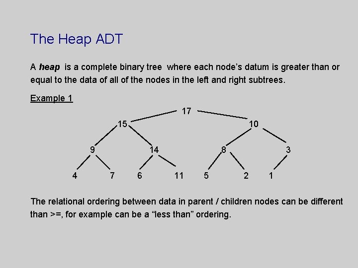 The Heap ADT A heap is a complete binary tree where each node’s datum