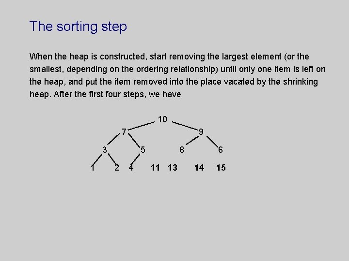 The sorting step When the heap is constructed, start removing the largest element (or