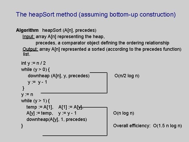 The heap. Sort method (assuming bottom-up construction) Algorithm heap. Sort (A[n], precedes) Input: array