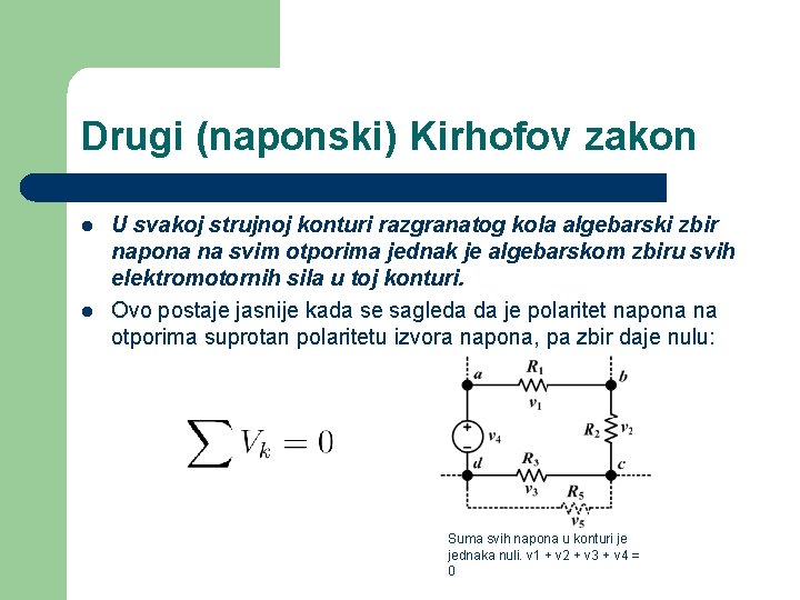 Drugi (naponski) Kirhofov zakon l l U svakoj strujnoj konturi razgranatog kola algebarski zbir