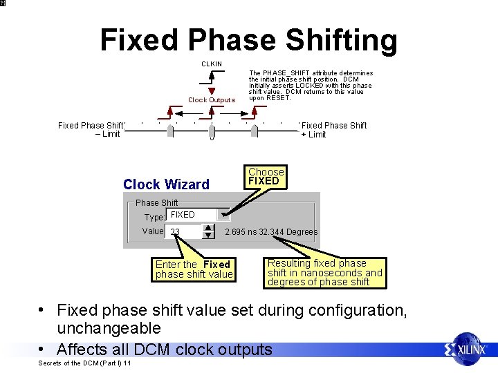 Fixed Phase Shifting CLKIN Clock Outputs Fixed Phase Shift – Limit The PHASE_SHIFT attribute