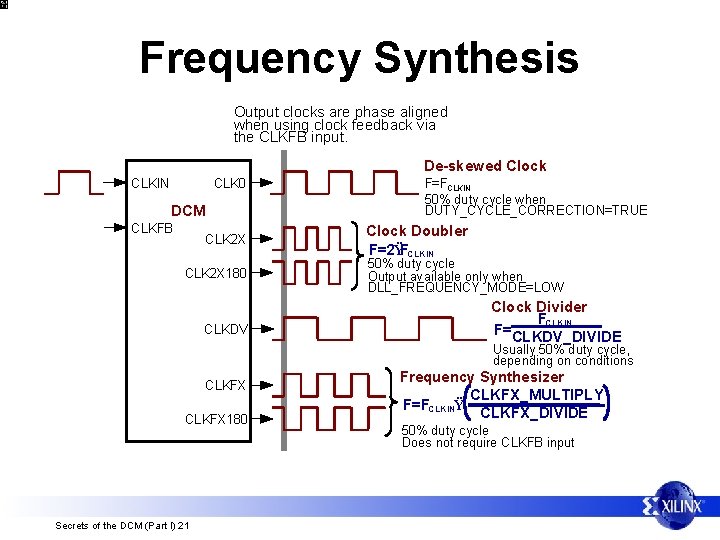 Frequency Synthesis Output clocks are phase aligned when using clock feedback via the CLKFB