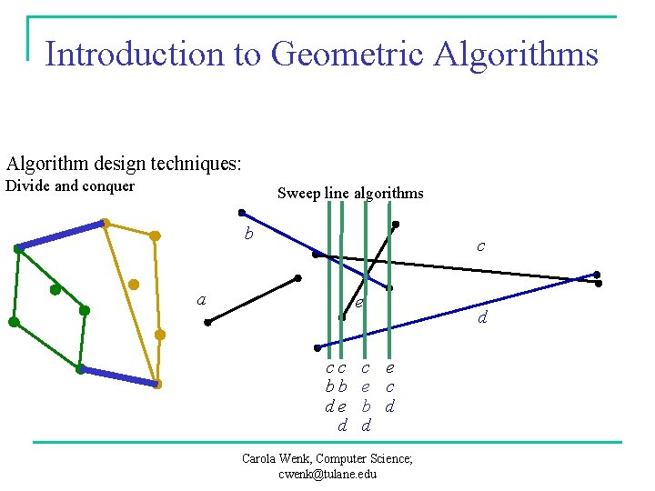 Introduction to Geometric Algorithms Algorithm design techniques: Divide and conquer Sweep line algorithms b