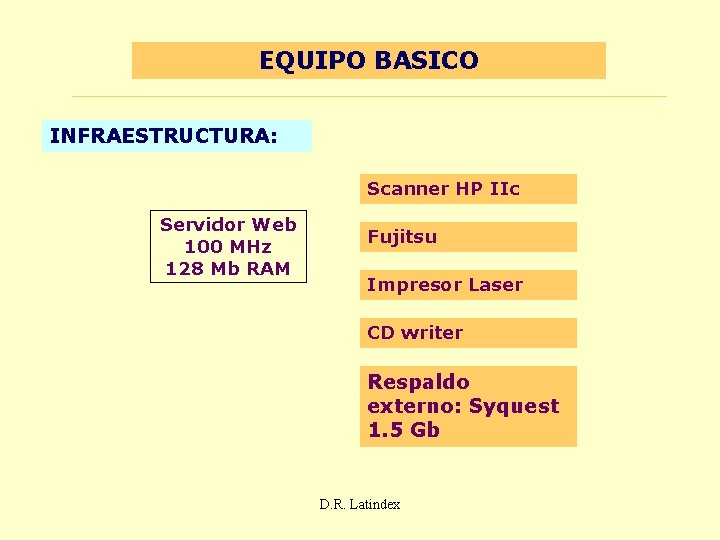 EQUIPO BASICO INFRAESTRUCTURA: Scanner HP IIc Servidor Web 100 MHz 128 Mb RAM Fujitsu