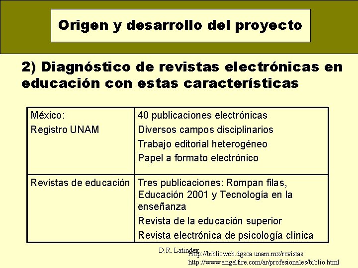 Origen y desarrollo del proyecto 2) Diagnóstico de revistas electrónicas en educación con estas