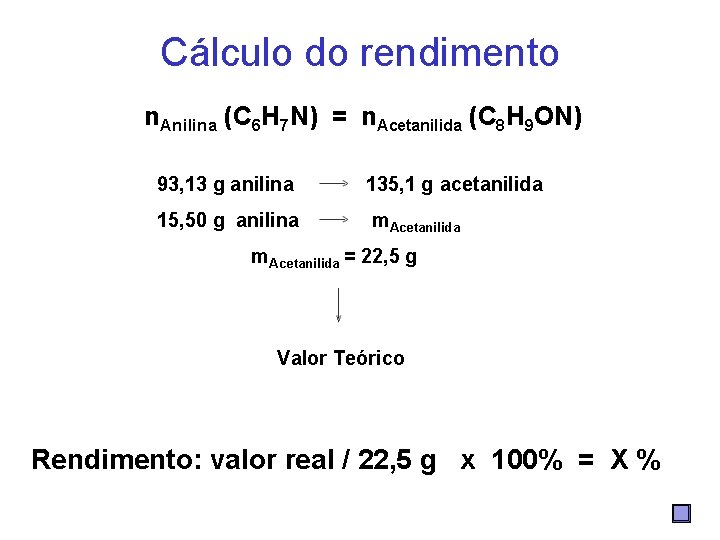 Cálculo do rendimento n. Anilina (C 6 H 7 N) = n. Acetanilida (C