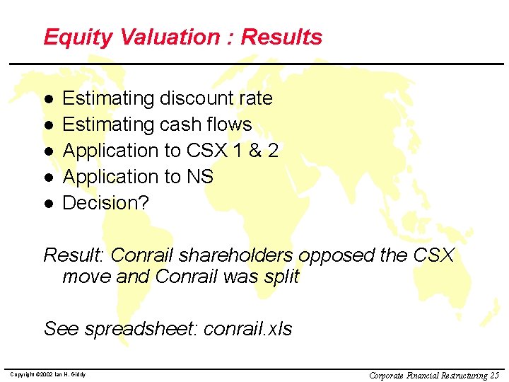 Equity Valuation : Results l l l Estimating discount rate Estimating cash flows Application