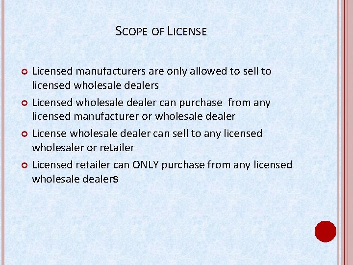 SCOPE OF LICENSE Licensed manufacturers are only allowed to sell to licensed wholesale dealers