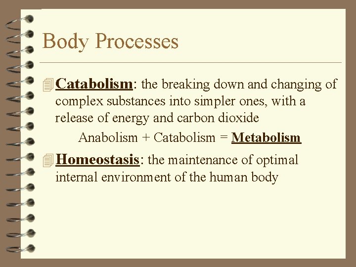 Body Processes 4 Catabolism: the breaking down and changing of complex substances into simpler