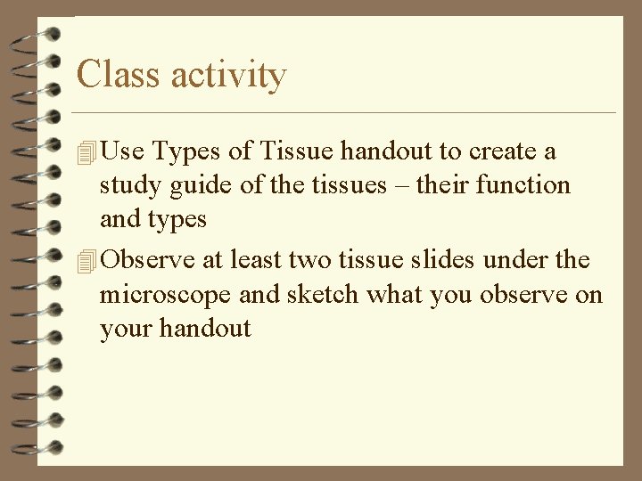 Class activity 4 Use Types of Tissue handout to create a study guide of