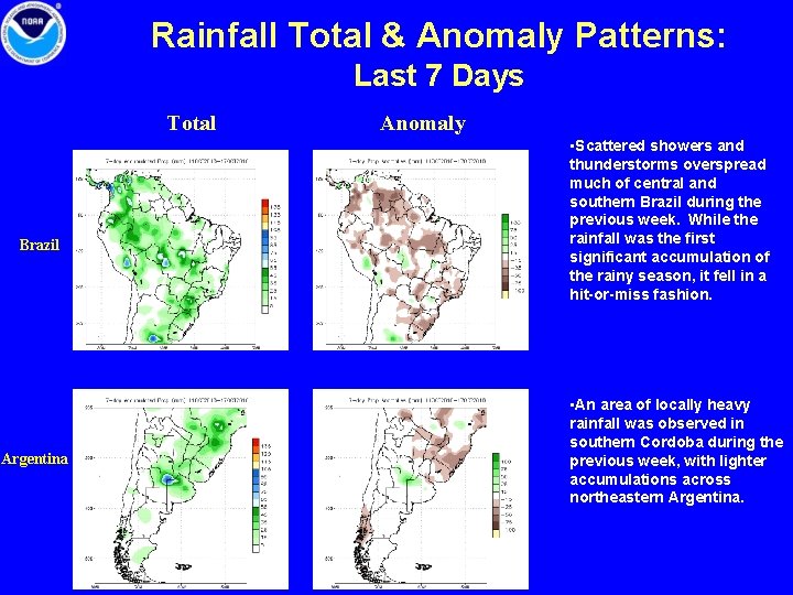 Rainfall Total & Anomaly Patterns: Last 7 Days Total Brazil Argentina Anomaly • Scattered