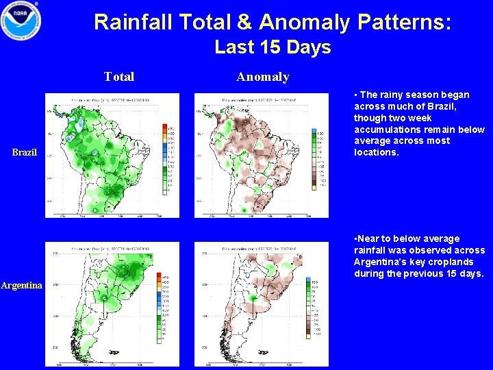 Rainfall Total & Anomaly Patterns: Last 15 Days Total Brazil Anomaly • The rainy