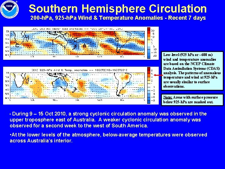 Southern Hemisphere Circulation 200 -h. Pa, 925 -h. Pa Wind & Temperature Anomalies -