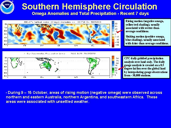 Southern Hemisphere Circulation Omega Anomalies and Total Precipitation - Recent 7 days Rising motion