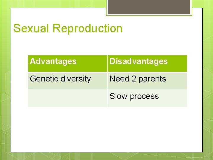 Sexual Reproduction Advantages Disadvantages Genetic diversity Need 2 parents Slow process 