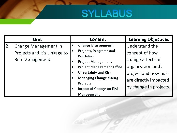 2. Unit Change Management in Projects and It's Linkage to Risk Management Content Change