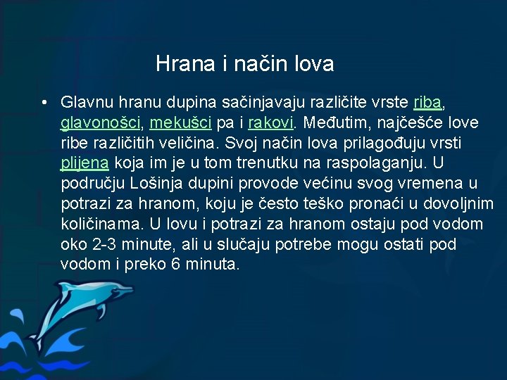 Hrana i način lova • Glavnu hranu dupina sačinjavaju različite vrste riba, glavonošci, mekušci