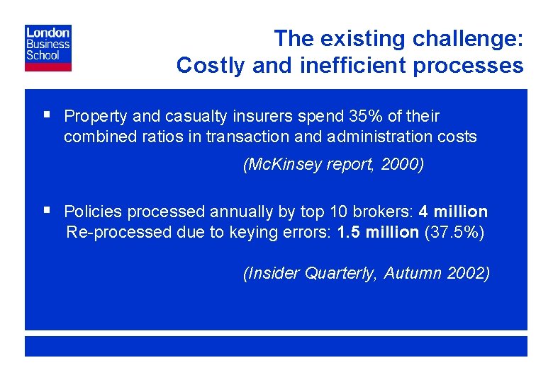 The existing challenge: Costly and inefficient processes § Property and casualty insurers spend 35%