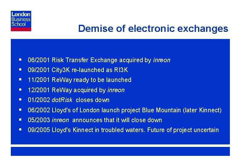 Demise of electronic exchanges § § § § 06/2001 Risk Transfer Exchange acquired by