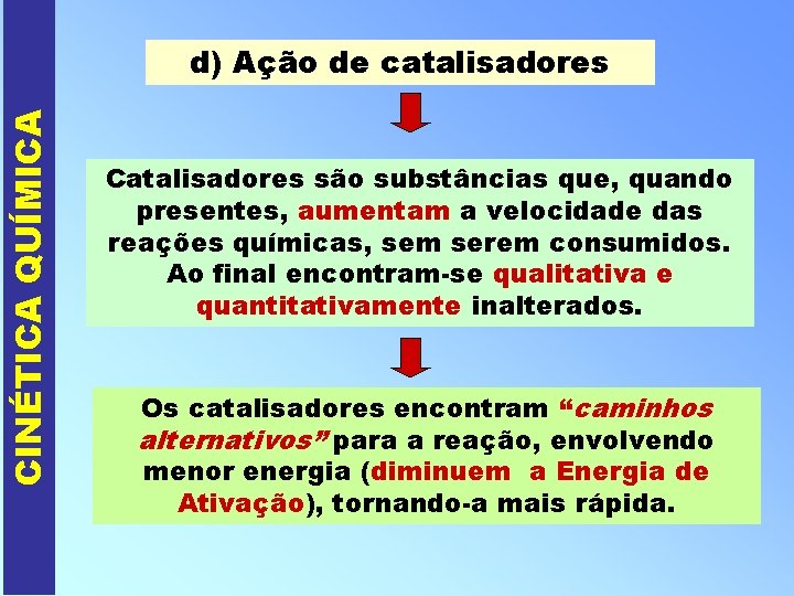 CINÉTICA QUÍMICA d) Ação de catalisadores Catalisadores são substâncias que, quando presentes, aumentam a