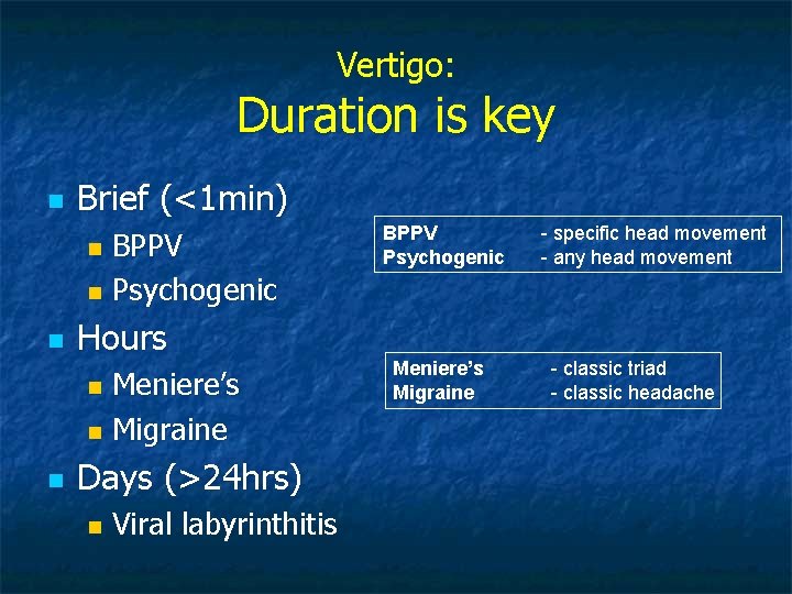Vertigo: Duration is key n Brief (<1 min) BPPV n Psychogenic n n Hours