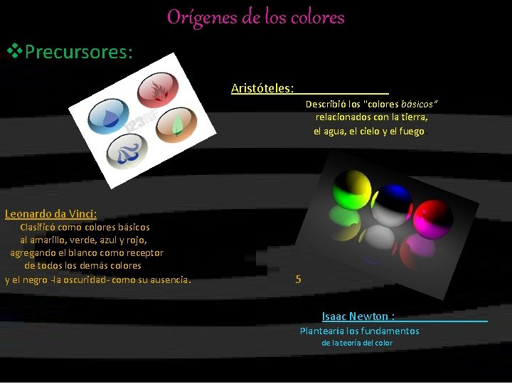 Orígenes de los colores v. Precursores: Aristóteles: Describió los "colores básicos“ relacionados con la