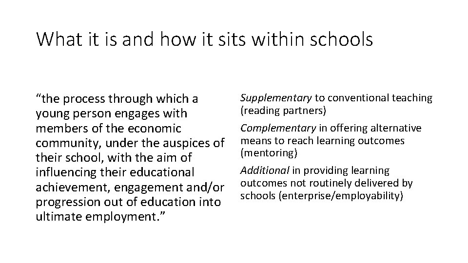 What it is and how it sits within schools “the process through which a