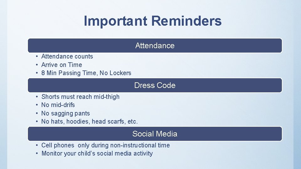 Important Reminders Attendance • Attendance counts • Arrive on Time • 8 Min Passing Important Reminders Attendance • Attendance counts • Arrive on Time • 8 Min Passing