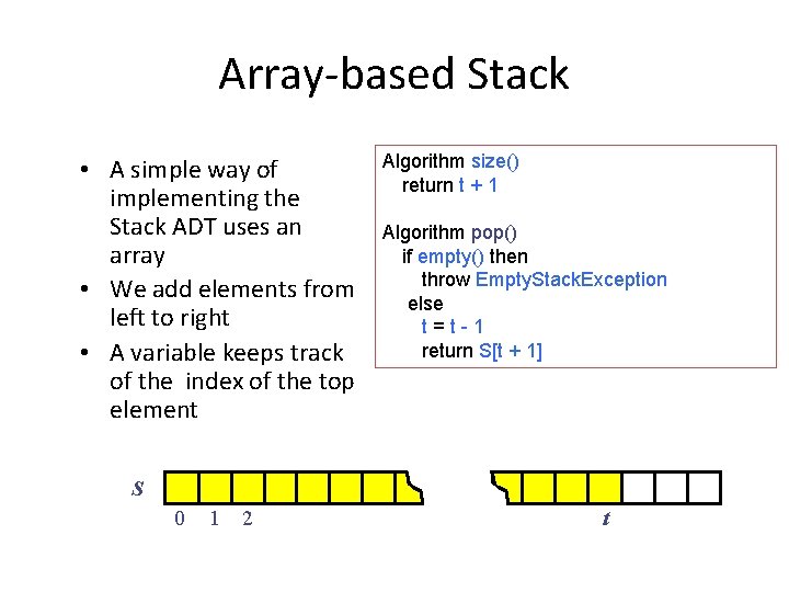 Array-based Stack • A simple way of implementing the Stack ADT uses an array