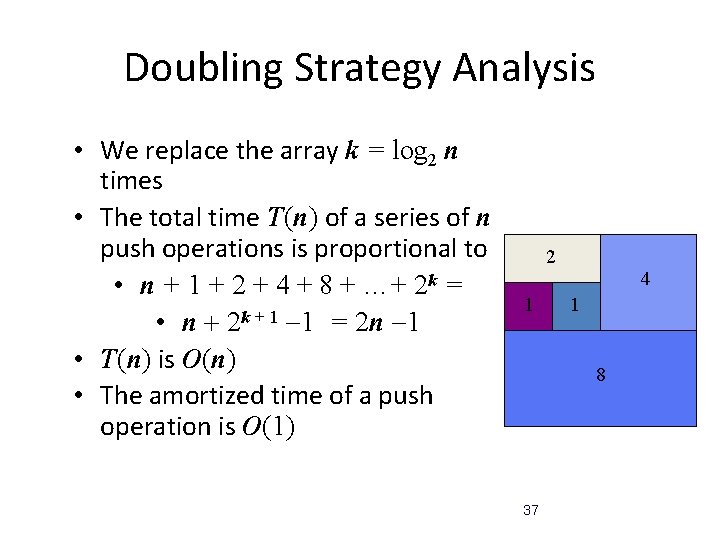 Doubling Strategy Analysis • We replace the array k = log 2 n times