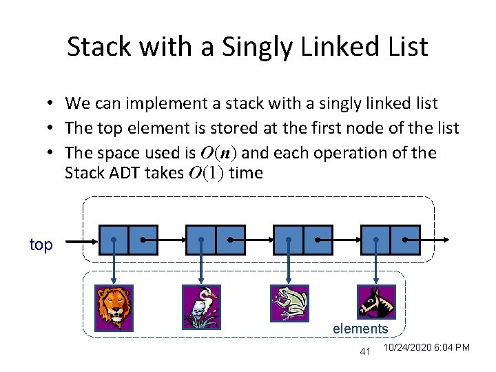 Stack with a Singly Linked List • We can implement a stack with a