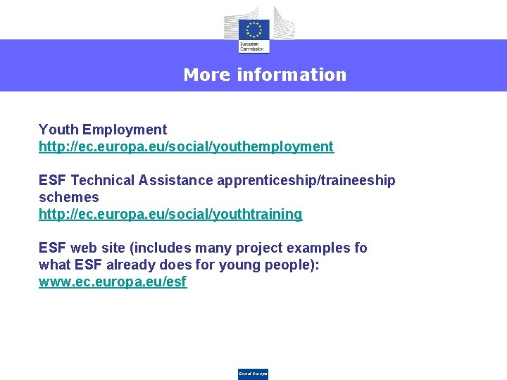 More information Youth Employment http: //ec. europa. eu/social/youthemployment ESF Technical Assistance apprenticeship/traineeship schemes http: