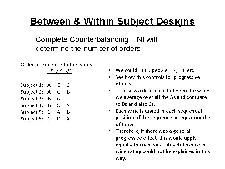 Between & Within Subject Designs Complete Counterbalancing – N! will determine the number of