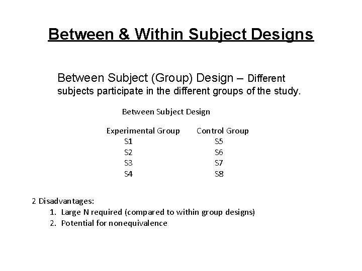 Between & Within Subject Designs Between Subject (Group) Design – Different subjects participate in